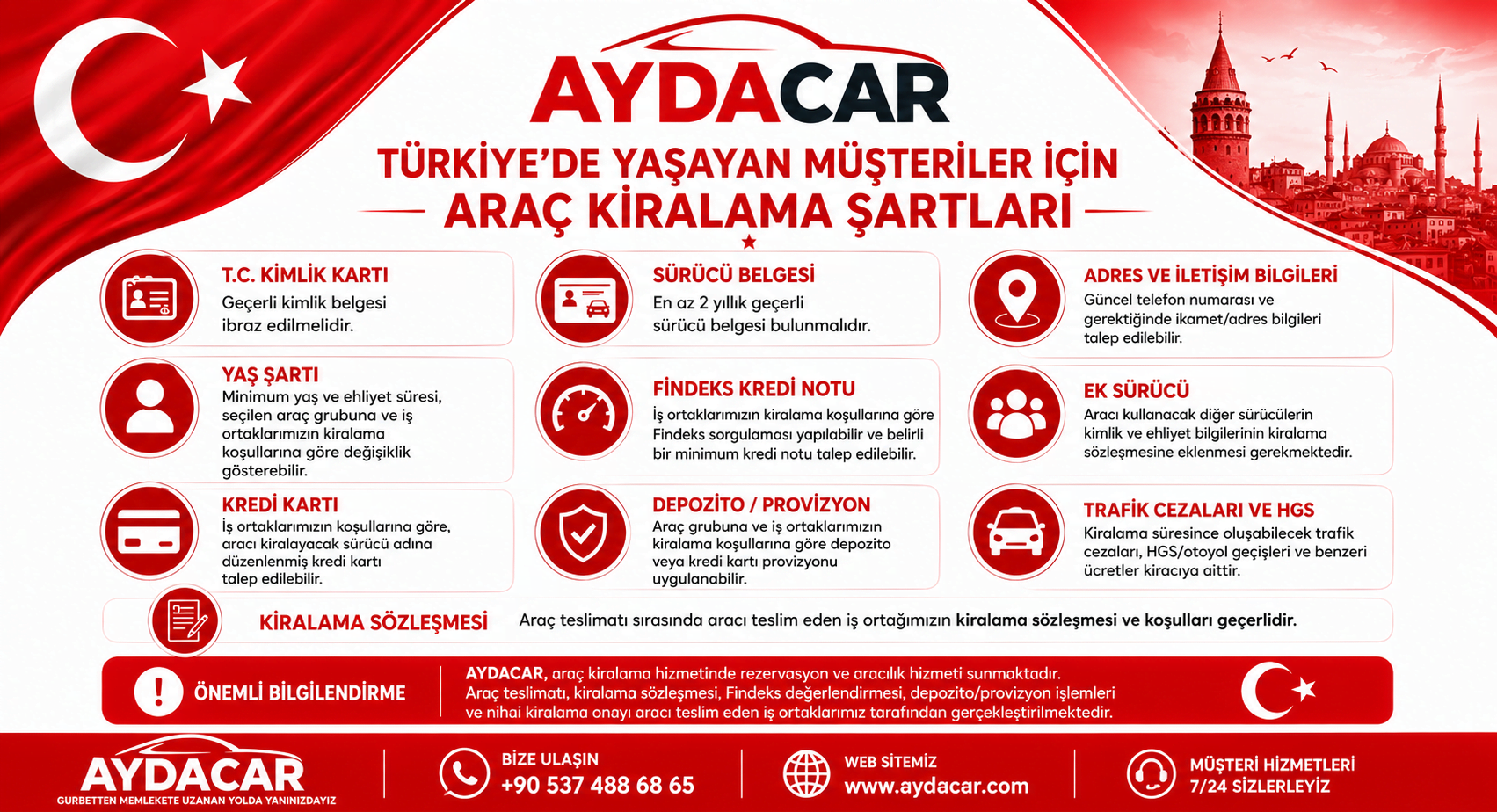 TÜRKİYE'DE YAŞAYAN MÜŞTERİLER İÇİN ARAÇ KİRALAMA ŞARTLARI